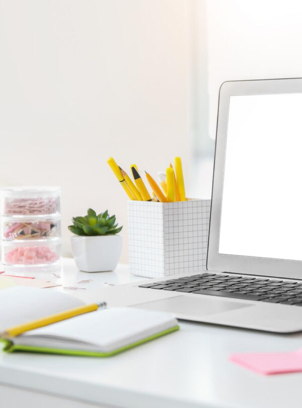 pretty girl boss office picture with laptop, notebooks, plant