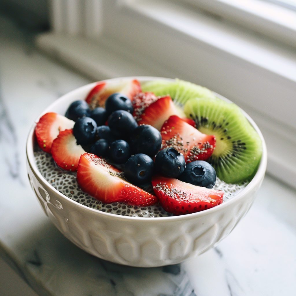 A bowl of chia seed pudding topped with strawberries, blueberries and kiwi